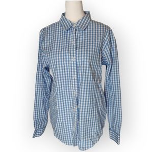 LL Bean Button Up Shirt Medium Women Wrinkle Free Blue White Plaid Pattern